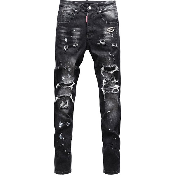 Men's Clothing Luxury Ripped Patch Jeans For Men Slim Fit Skinny High Waist Elastic Casual Trousers Nostalgic Washed-image