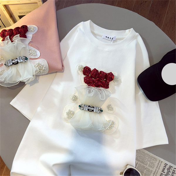Women's Clothing High End Bear Niche Design Heavy Duty Short Sleeved T Shirt For Women 2024 Summer New Style Hot Diamond Top Trend-image
