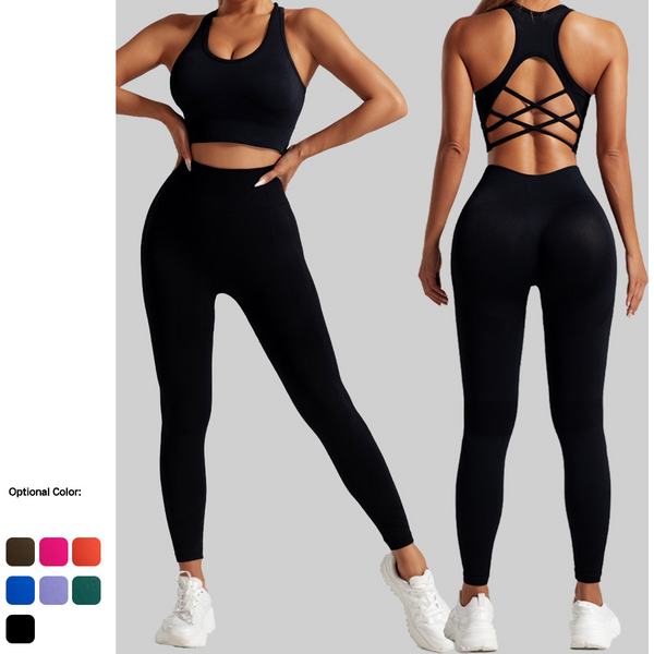 Women's Clothing Quick Drying Gathered Beautiful Back Yoga Sports Bra Tops High Waist Hip Lifting Sports Tights Yoga Suit Set-image
