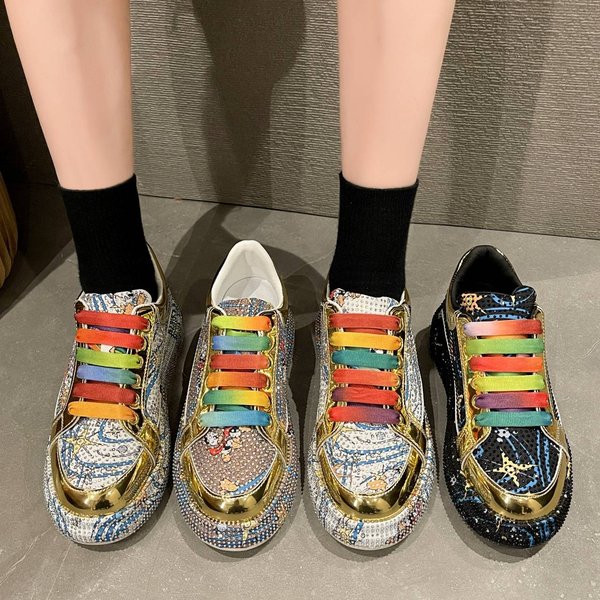 Women's Shoes Spring/Summer New Style Fairy Style Heavy Rhinestone Colorful Lace Up Thick Sole Casual Sports Sneakers-image