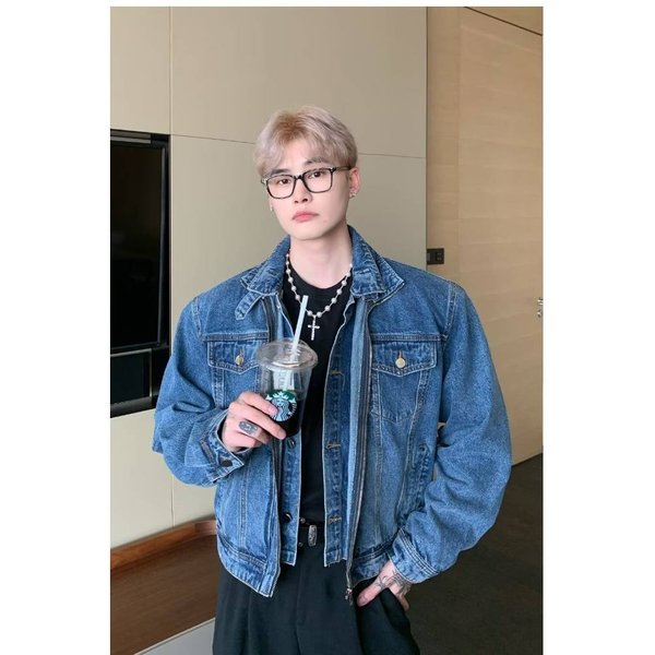 Men's Clothing Men's Denim Jacket With Stand Collar, Casual Loose Fit Vintage Coat, Trendy Streetwear Blue Distressed Jeans Jacket For Men-image