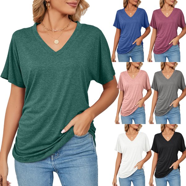 Women's Clothing Summer New Casual Pullover V Neck Solid Color Loose T Shirt Ladies Tops-image
