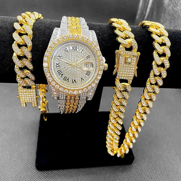 Fashion Watch Set Diamond Hip Hop Bracelet Necklace Quartz Watch