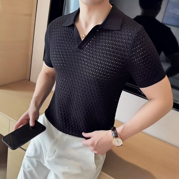 Men's Knitted Hollow V-Neck Polo Shirt - Summer Thin & Breathable | Slim Fit Lapel Design | High-End Fashion Knitwear-image