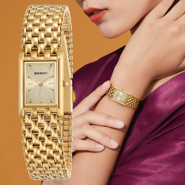 Berny Small Gold Watches For Women, Dainty Luxury Stainless Steel Rectangular Bracelet Watch, Waterproof, Ladies Analog Quartz Wrist Watch Gifts-image