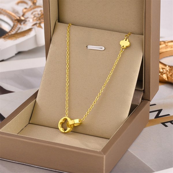 Stainless Steel Hollow Four Leaf Clover Pendant Necklace For Women Fashion Gold Color Double Ring Charm Girls Party Jewelry-image