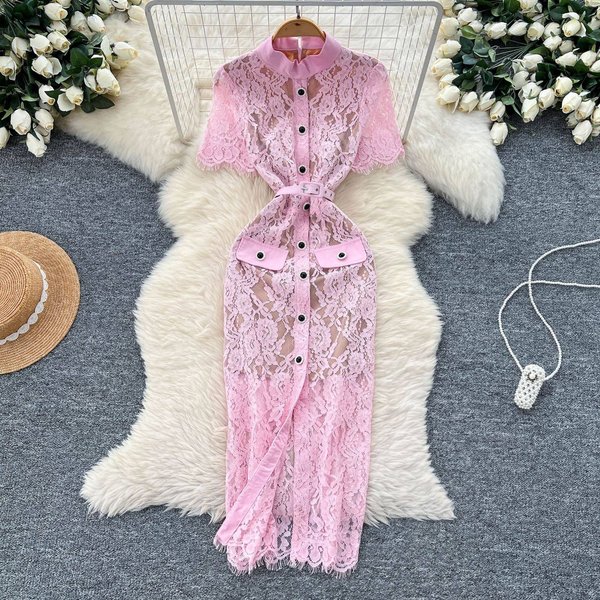 Women's Clothing Hollow Hook Lace Metal Buttoned Slim Short Sleeved Dress Female Celebrity Light Luxury Dress-image
