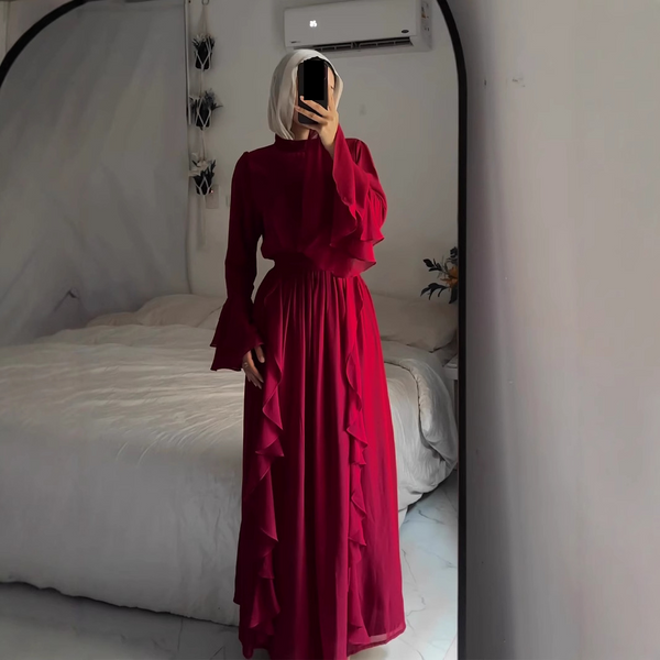 Women's Clothing Autumn New Chiffon Wood Ear Edge Stitching Chiffon Temperament Half High Collar Long Dress