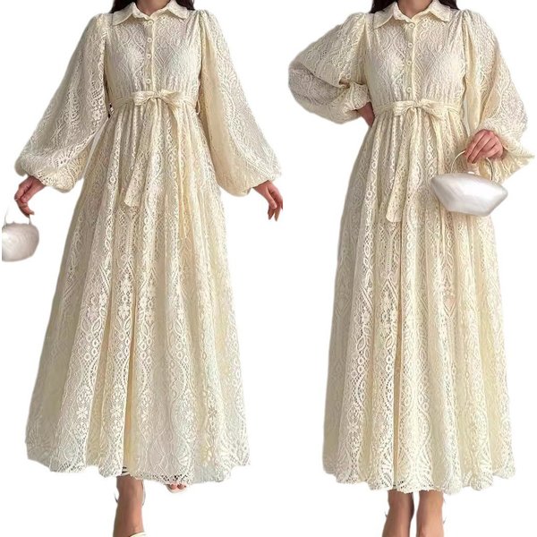 Women's Clothing Middle Eastern Muslim New Hot Style Lace Lapel Robe Fashionable And Elegant Dress