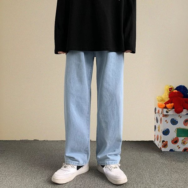 2024 Spring Streetwear Baggy Jeans Men Korean Fashion Loose Straight Wide Leg Hip-Hop Pants Male Brand Clothing Black Light Blue-image