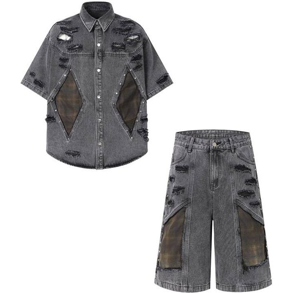 Men's Clothing Retro Distressed Dirty Ripped Deconstructed Shoulder Pad Denim Suit For Men And Women Street Trend Jeans-image
