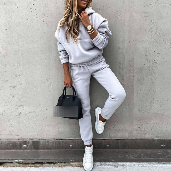 Women’S Casual Hooded Sweater & Pants Set – Autumn/Winter Solid Color Lounge Suit (Grey/Black/Khaki, S-XXXL)-image