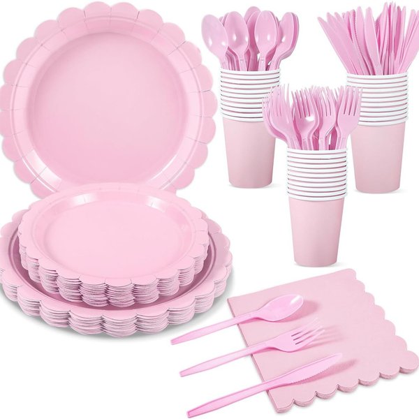 Pink Lace Party Tableware Set Girls Birthday Solid Color Decoration Disposable Paper Cups Paper Plates Paper Towel Supplies-image