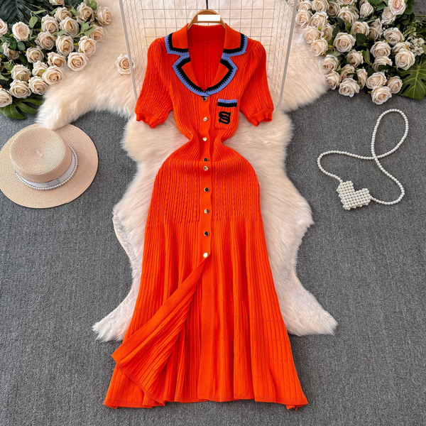 Women's Clothing Autumn and winter celebrity short sleeved contrasting color embroidery suit collar waist slim single breasted A line knitted dress