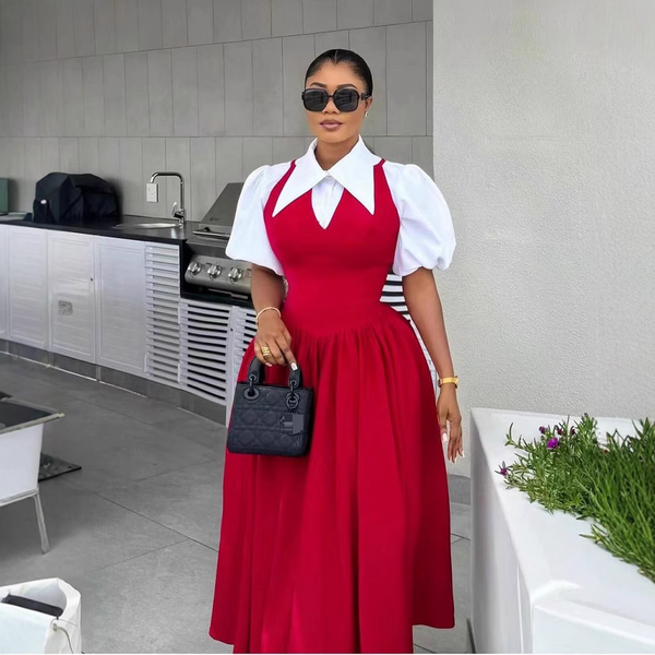 Women's Elegant Lapel Puff Sleeve Shirt & Waist Slim Dress Two Piece Suit - European & American Style Office Wear