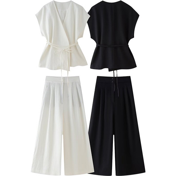 Women's Clothing Fashionable And Versatile Linen Blended Double Breasted Vest Pleated Pants-image
