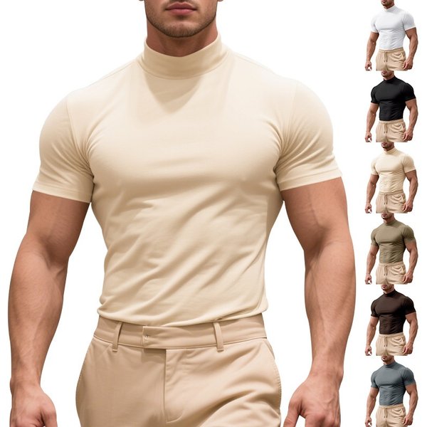 Men's High Neck Short Sleeve T-Shirt Summer Fashion Casual Tight Fit Solid Color Base Layer Thin Shirt-image