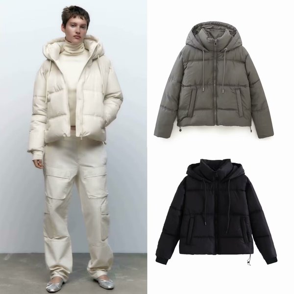 Oversized Puffer Jacket – Streetwear Hooded Coat With Organic Cotton Shell (Black/White/Gray, Sizes XS-L)