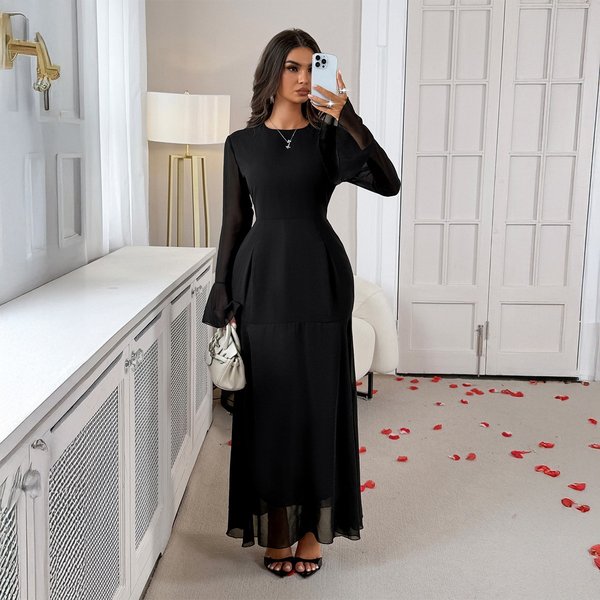 Elegant Trumpet Sleeve Bodycon Midi Dress – European-Inspired Knit Pencil Dress (Black)