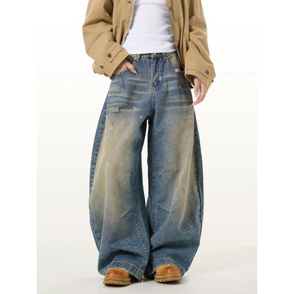 Men's Vintage Streetwear Denim Pants Distressed Washed Baggy Jeans Straight Leg Dropped Crotch Relaxed Fit Button Fly-image