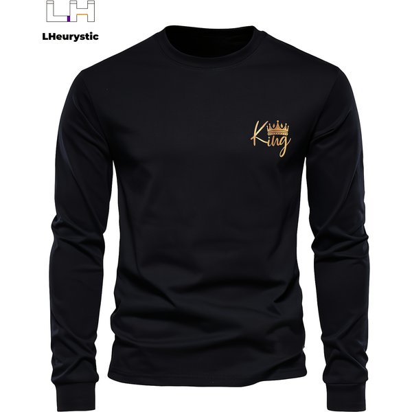 Men's Long Sleeved Round Neck Black T-shirt Top Loose 100 Cotton King Print