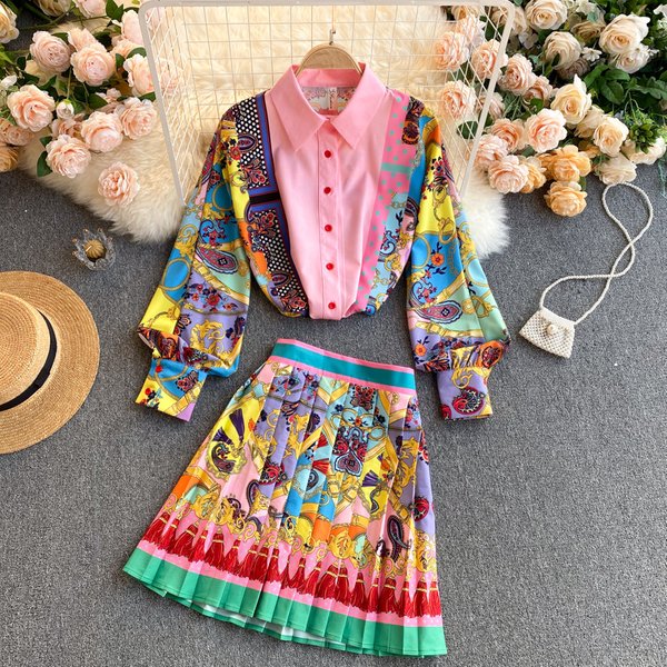 Women's Bohemian Exotic Printed Lapel Puff Sleeve Shirt For Women High Waist Slim Slim Skirt Suit For Women-image