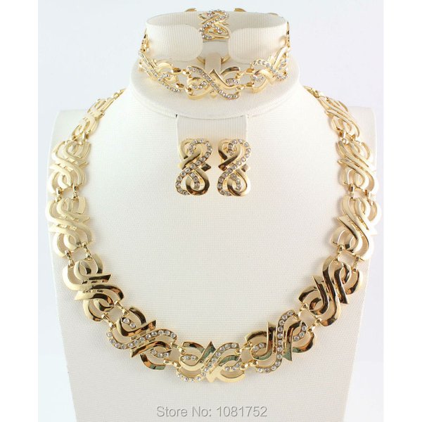 Women Wedding Crystal Jewelry Sets Gold Silver Color Sets Necklace Earring Ring Bracelet African Beads Jewelry Sets