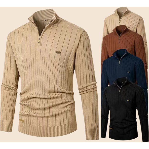 Men's Knit Sweater Jacket - Slim Fit Stand Collar Half-Zip Pullover With Ribbed Detailing, Lightweight & Stylish For Casual Wear-image