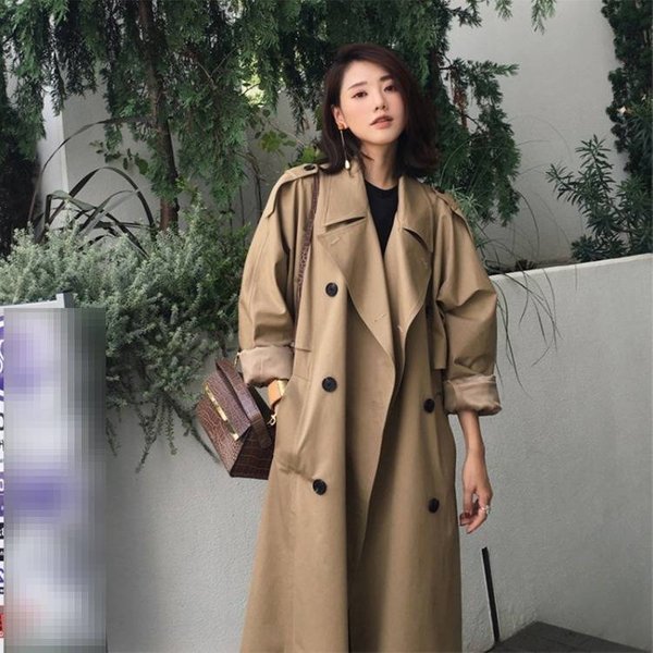 "Korean Style Long Trench Coat – Casual Khaki Windbreaker For Women (S/M/L/XL/XXL, Khaki/Black)"
