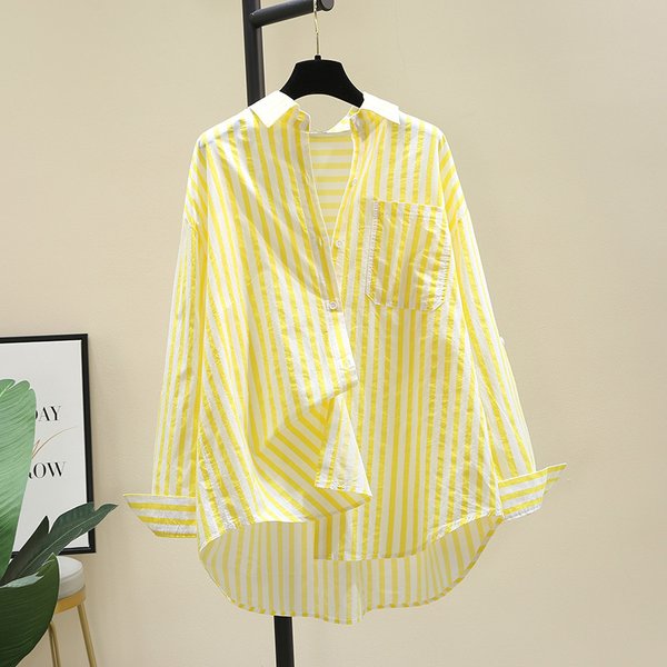 Women's Casual Long Sleeve Striped Shirt - Loose Fit Cotton Blouse For Spring & Summer - Elegant Office & Daily Wear