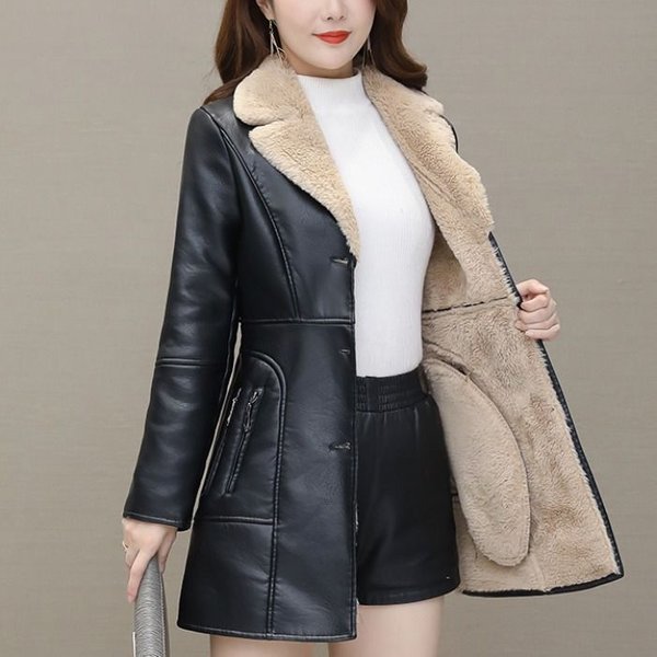 Women's Clothing Autumn And Winter Leather Jacket Plus Velvet Thickened Mid Length Korean Version New Temperament Slim Fit Waist Pu Jacket Trendy-image