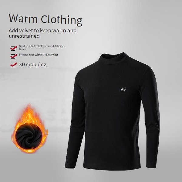 Men's Thermal Fleece Long Sleeve T-Shirt, Semi-Turtle Neck Base Layer For Winter, Warm Black Undershirt For Cold Weather-image