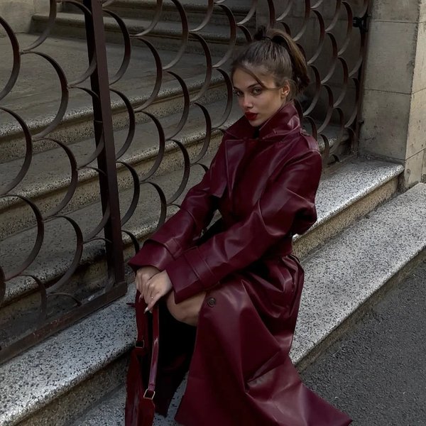Women's Clothing Over The Knee Leather Coat Long Knee-Length Leather Jacket Fashionable Loose Fit Slimming Belted Trench Coat For Autumn & Spring-image