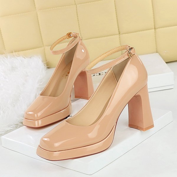 9981-K103 Style Minimalist, Thick Heel, Super Heels, Waterproof Platform, Patent Leather Square Toe, Straight Strap,