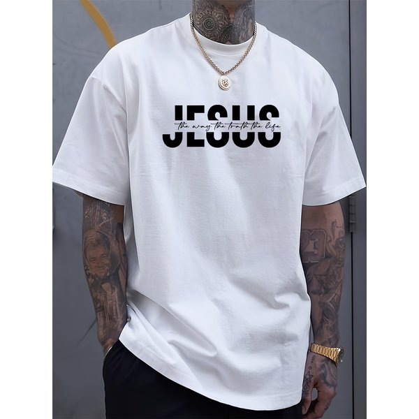 100% Pure Cotton Men's Summer Fashion Short Sleeved Shirt With Jesus Letter Pattern Printed Casual Slim Fit Versatile T-shirt Top