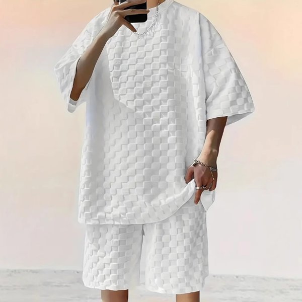 Men's Clothing Jacquard Plaid Short Sleeved T Shirt Loose Straight Casual Shorts Suit-image