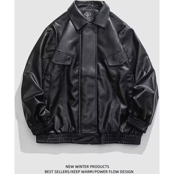 American Trendy Motorcycle Pu Leather Men's Spring Casual Loose Collared Couple Jacket Top-image