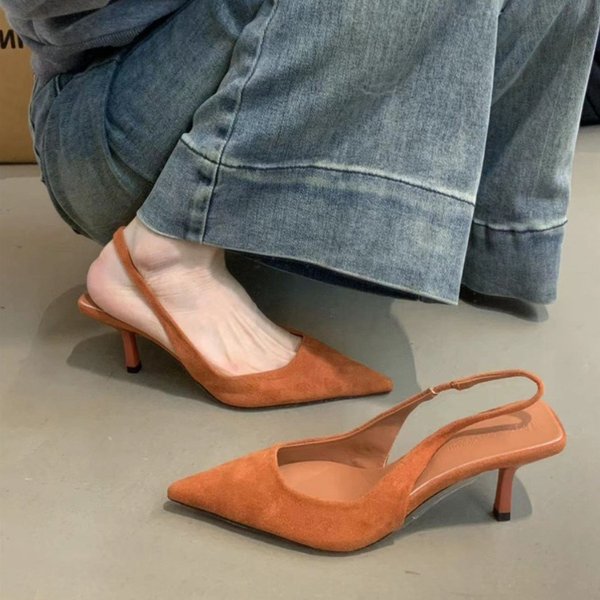 French Niche High-Heeled Women In Spring 2025, New Temperament For Socialites, Suede Pointed Toe Thin Heeled Sandals,-image