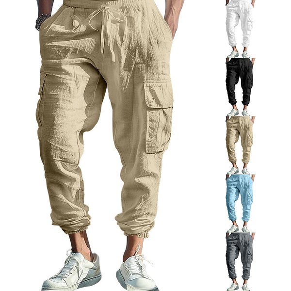 Men's Clothing Autumn Cotton And Linen Men's Casual Trousers With Cuffs And Multiple Pockets And Drawstrings Solid Color Loose Overalls For Men-image