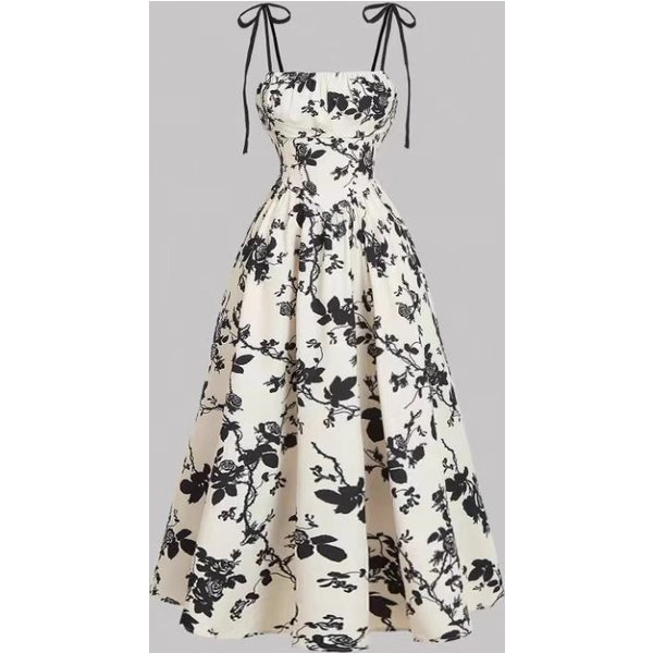 2026 European American French Retro Floral Print Elegant And Sophisticated Waist-Cinching Strap Dress For Women-image