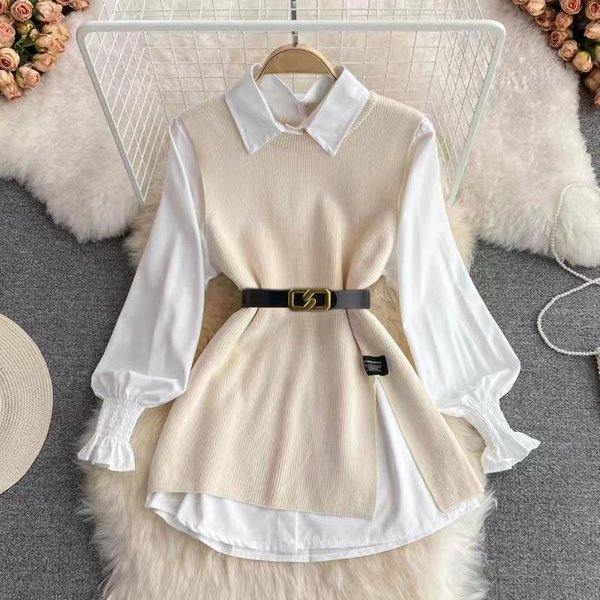 Long-Sleeved Suit White Shirt Sweater Vest Age-Reducing Loose Knitted Vest Shirt Two-Piece Suit For Women-image