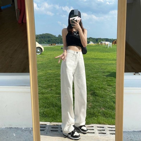 High Waist Straight Leg White Jeans For Women, Flowy Wide Leg Trousers, Stretchy Comfort Fit, Classic Denim Pants, Plus Size Available-image
