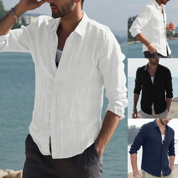 Man's clothing Men's shirt Casual shirt Solid color single-breasted cotton linen long-sleeved shirt