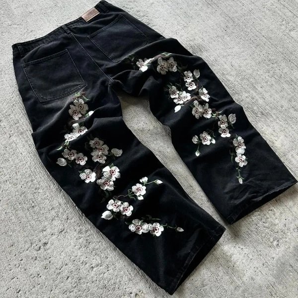 Men's Clothing Loose Jeans Cherry Blossom Embroidery High Quality Streetwear Jeans-image