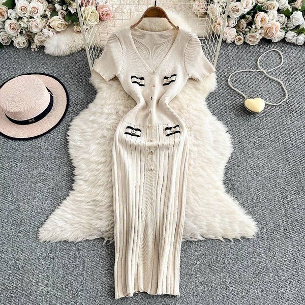 Women's Clothing Temperament Single Breasted Sexy V Neck Short Sleeved Knitted Dress Summer Waist Slimming Hip Long Skirt