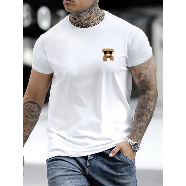 100% Pure Cotton Men's Summer Fashionable Short Sleeved Teddy Bear Pattern Printed Casual Slim Fit Versatile Top-image
