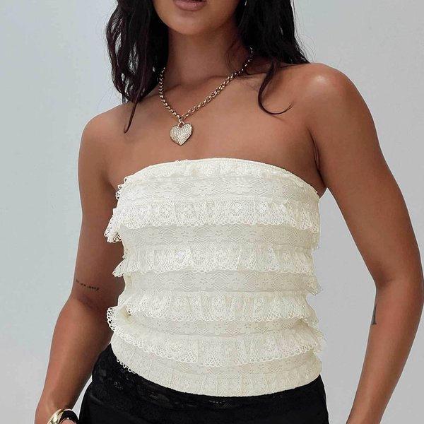 Women's Clothing Sexy Hot Girl Lace Pleated Lace Solid Color All Match French Tube Top-image