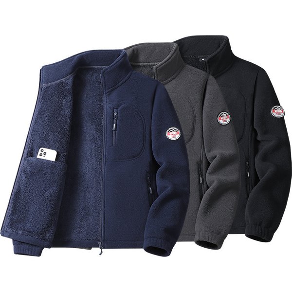 Men's Fleece Stand Collar Jacket, Windproof & Water-Resistant Zip-Up Winter Coat With Thick Polar Fleece Lining, Multi-Pocket Outdoor Sportswear-image