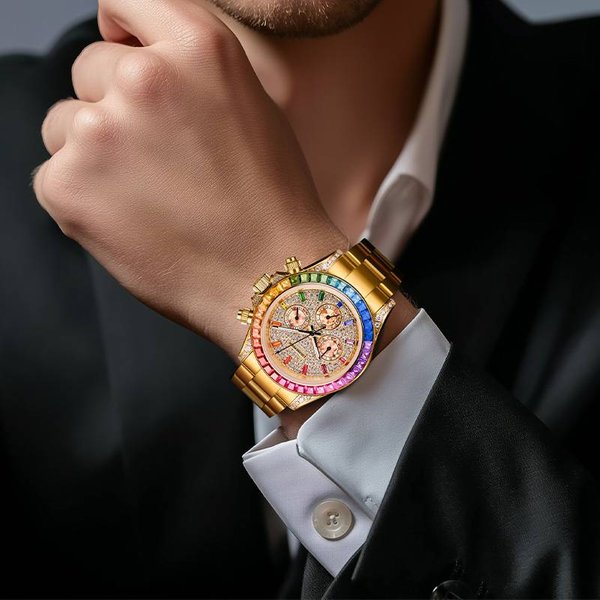 Roerdum Daytona Rainbow Collection - Gold-Tone Bracelet,Multicolor Gradient Dial ,Premium Men's Automatic Mechanical Watch-image