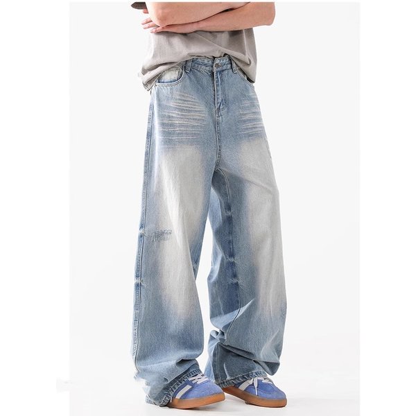 Men's Clothing Retro Washed Glacier Blue Jeans Cleanfit Casual Loose Straight Stacked Trousers-image